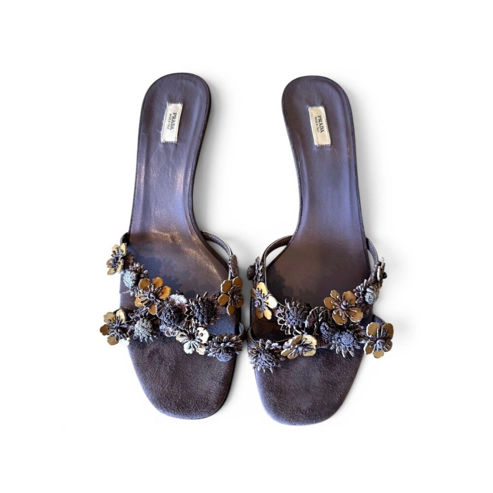 Prada Vintage Purple Suede Floral Appliqué Kitten Heels Mules Open Toe Shoes